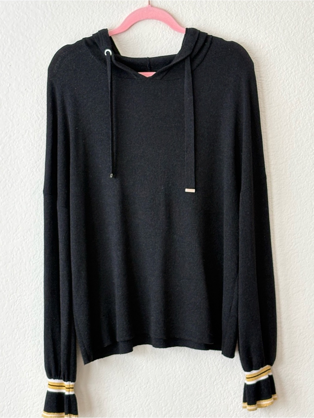 Black Hooded Knit Sweater with Contrast Cuff Details